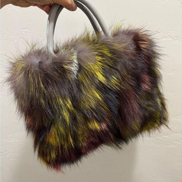 Colorful Handmade Luxury Real Fox Fur Top Handles Satchel Bag/Crossbody - Picture 4 of 16